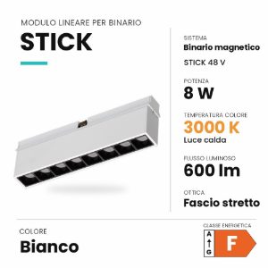 Ideal lux stick modulo lineare a fascio stretto per binario magnetico 48v led 8w 3000k bianco