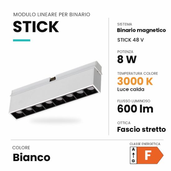 Ideal lux stick modulo lineare a fascio stretto per binario magnetico 48v led 8w 3000k bianco