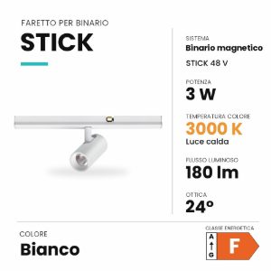 Ideal lux stick faretto per binario magnetico 48v orientabile led 3w 3000k bianco