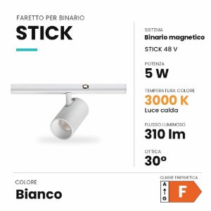 Ideal lux stick faretto per binario magnetico 48v orientabile led 5w 3000k bianco
