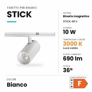 Ideal lux stick faretto per binario magnetico 48v orientabile led 10w 3000k bianco