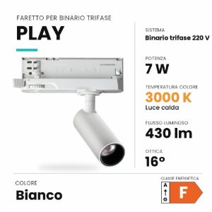 Ideal lux play faretto per binario trifase orientabile led 7w 3000k cilindrico moderno bianco