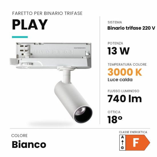 Ideal lux play faretto per binario trifase orientabile led 13w 3000k cilindrico moderno bianco