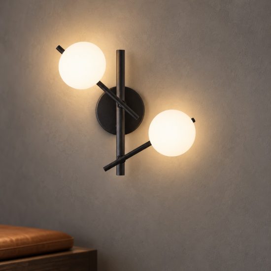 Ideal lux atlas applique con 2 sfere in vetro g9 led 3w 30cm per soggiorno moderna nera