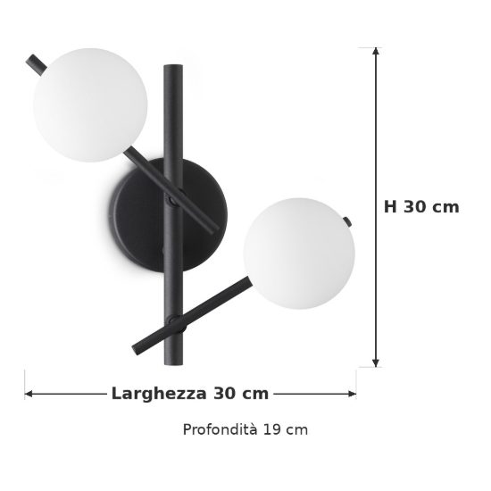 Ideal lux atlas applique con 2 sfere in vetro g9 led 3w 30cm per soggiorno moderna nera