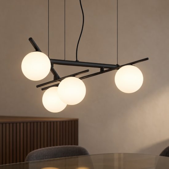 Ideal lux atlas lampadario 4 luci g9 led 3w 62cm per sala da pranzo moderno nero con sfere