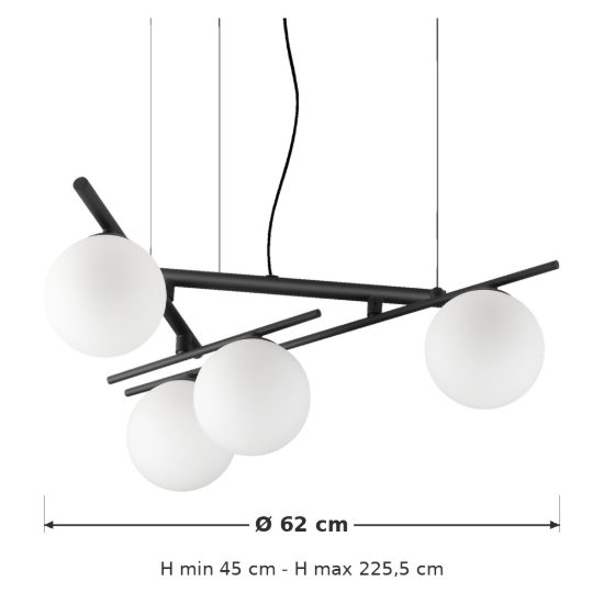 Ideal lux atlas lampadario 4 luci g9 led 3w 62cm per sala da pranzo moderno nero con sfere