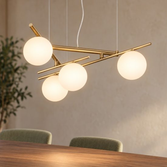 Ideal lux atlas lampadario 4 luci g9 led 3w 62cm per sala da pranzo contemporaneo oro con sfere