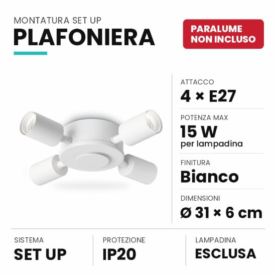Ideal lux set up montatura per plafoniera 4 luci e27 31cm bianca senza paralume