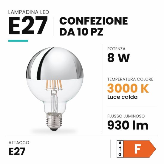 Ideal lux lampadina led e27 a globo 9,5cm 8w 3000k cromata confezione 10 pezzi