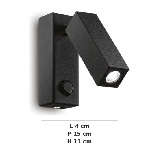 Ideal lux page applique con faretto orientabile led 3w 3000k base rettangolare per comodino nera