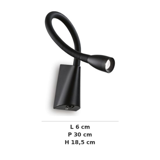 Ideal lux goose applique con faretto a braccio flessibile led 3w 3000k per camera da letto nera
