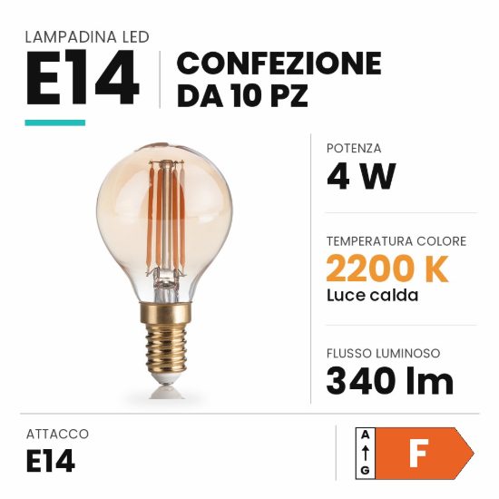 Ideal lux lampadina led e14 a sfera 4w 2200k ambra confezione 10 pezzi