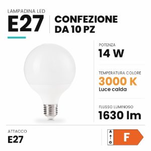 Ideal lux lampadina led e27 a globo 9,5cm 14w 3000k bianca confezione 10 pezzi