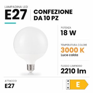 Lampadina e27 led 18w a globo 12cm 3000k bianca confezione 10 pezzi ideal lux