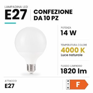 Ideal lux lampadina led e27 a globo 9,5cm 14w 4000k bianca confezione 10 pezzi