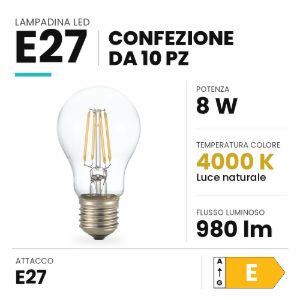 Confezione n10 lampadine led e27 8w 4000k goccia trasparente ideal lux