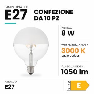 Lampadina e27 led 8w a globo 12,5cm 3000k satinata a metà confezione 10 pezzi ideal lux