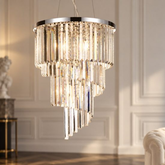 Ideal lux carlton lampadario 12 luci e14 50cm per salotto classico cromo con pendenti