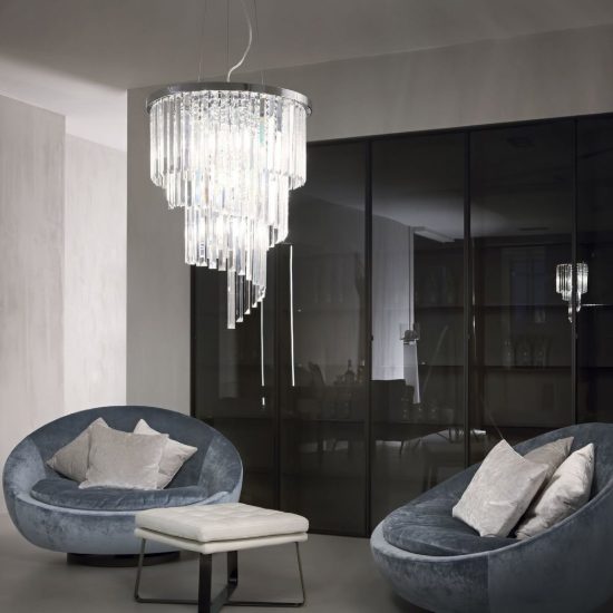 Ideal lux carlton lampadario 12 luci e14 50cm per salotto classico cromo con pendenti