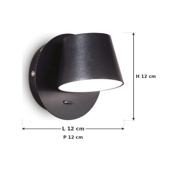 Ideal lux gim applique con faretto a cono ruotabile led 6,5w 3000k per camera da letto nera
