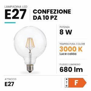 Ideal lux lampadina led e27 a globo 12,5cm 8w 3000k dimmerabile trasparente confezione 10 pezzi
