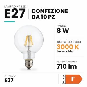 Ideal lux lampadina led e27 a globo 9,5cm 8w 3000k dimmerabile trasparente confezione 10 pezzi