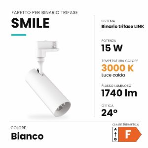 Ideal lux smile faretto per binario trifase orientabile led 15w 3000k fascio 24° cilindrico bianco