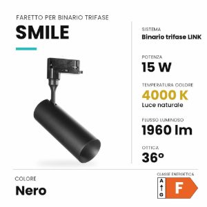 Ideal lux smile faretto per binario trifase orientabile led 15w 4000k fascio 36° cilindrico nero