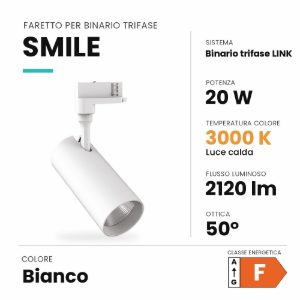 Ideal lux smile faretto per binario trifase orientabile led 20w 3000k fascio 50° cilindrico bianco