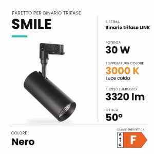 Ideal lux smile faretto per binario trifase orientabile led 30w 3000k fascio 50° cilindrico nero