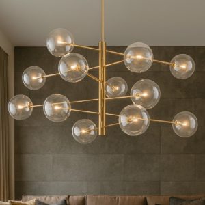 Equinoxe ideal lux sp12 ottone lampadario design bocce vetro trasparenti
