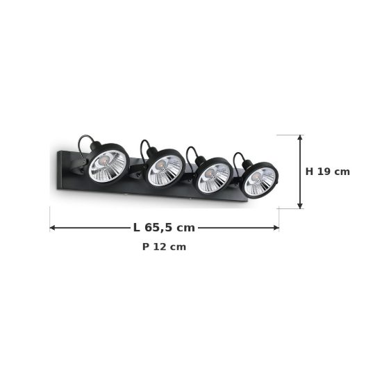 Ideal lux glim plafoniera con 4 faretti orientabili gu10 65,5cm per corridoio nera
