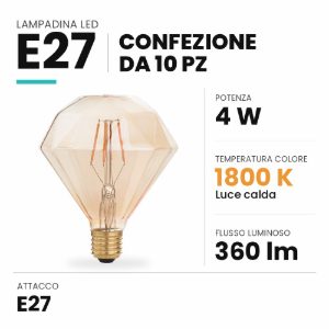 Ideal lux lampadina led e27 decorativa a diamante 4w 1800k ambra confezione 10 pezzi