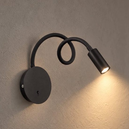 Ideal lux focus-2 applique con faretto a braccio flessibile led 3,5w 3000k per camera da letto nera