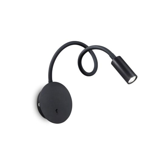 Ideal lux focus-2 applique con faretto a braccio flessibile led 3,5w 3000k per camera da letto nera