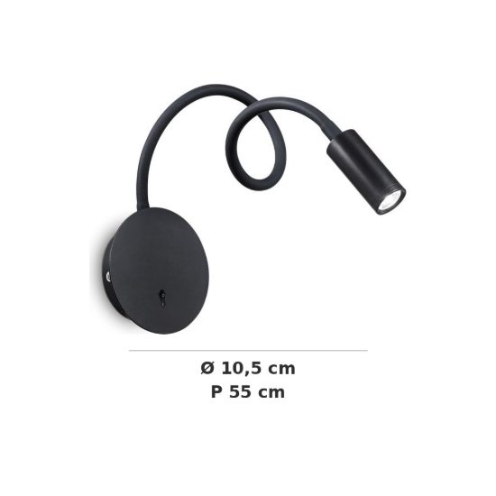 Ideal lux focus-2 applique con faretto a braccio flessibile led 3,5w 3000k per camera da letto nera
