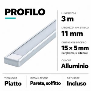 Profilo piatto 3mt alluminio per strisce led max 11mm ideal lux