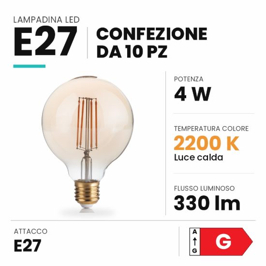 Ideal lux lampadina led e27 a globo 9,5cm 4w 2200k dimmerabile ambra confezione 10 pezzi