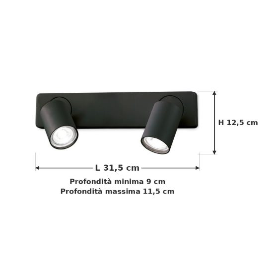 Ideal lux rudy applique lineare con 2 faretti orientabili gu10 led 7w moderna nera
