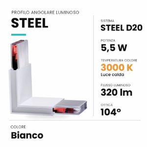 Ideal lux steel profilo angolare luminoso led 5,5w 3000k per sistema lineare bianco