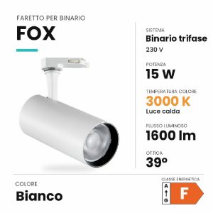 Ideal lux fox faretto per binario trifase orientabile led 15w 3000k cilindrico bianco