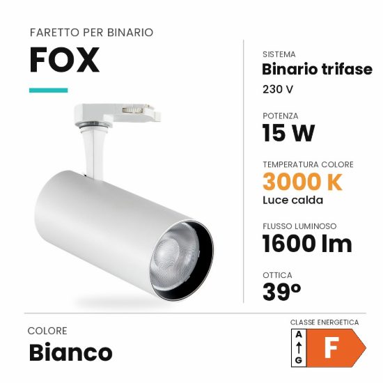 Ideal lux fox faretto per binario trifase orientabile led 15w 3000k cilindrico bianco