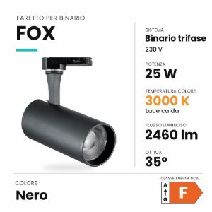Ideal lux fox faretto per binario trifase orientabile led 25w 3000k cilindrico nero