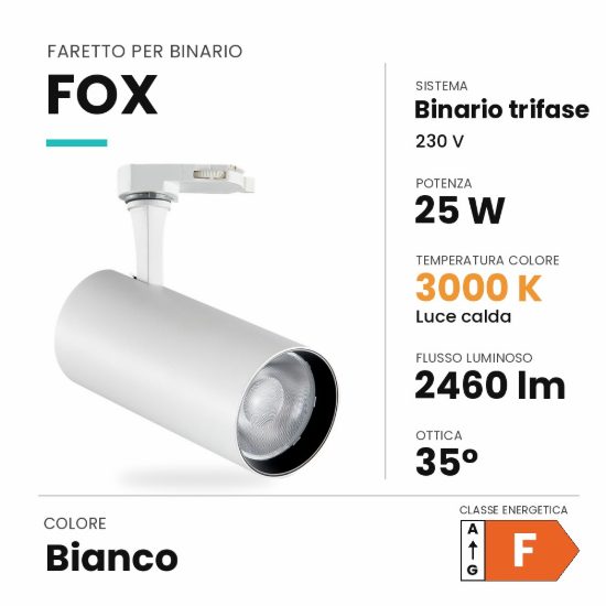 Ideal lux fox faretto per binario trifase orientabile led 25w 3000k cilindrico bianco