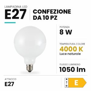 Lampadina e27 led 8w a globo 12,5cm 4000k bianca confezione 10 pezzi ideal lux