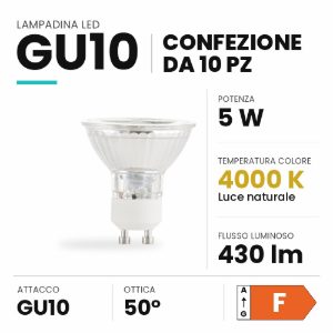 Confezione n10 lampadine gu10 led 5w 4000k ottica 50 ideal lux