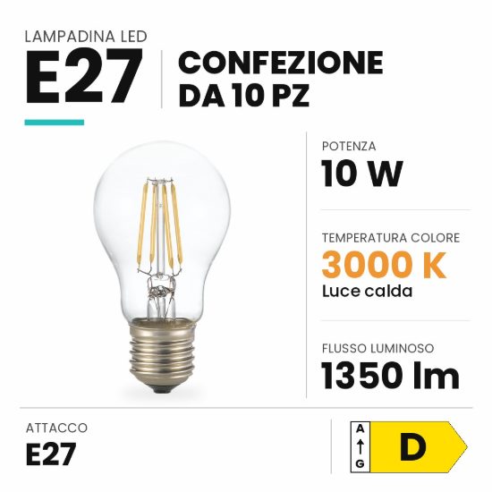 Ideal lux lampadina led e27 a goccia 10w 3000k trasparente confezione 10 pezzi