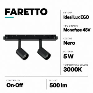 Ideal lux ego track faretti led 5w 3000k nero lineare binario monofase 48v on-off osram