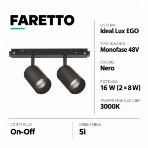 Ego track faretti led 16w 3000k osram nero binario magnetico monofase 48v ego